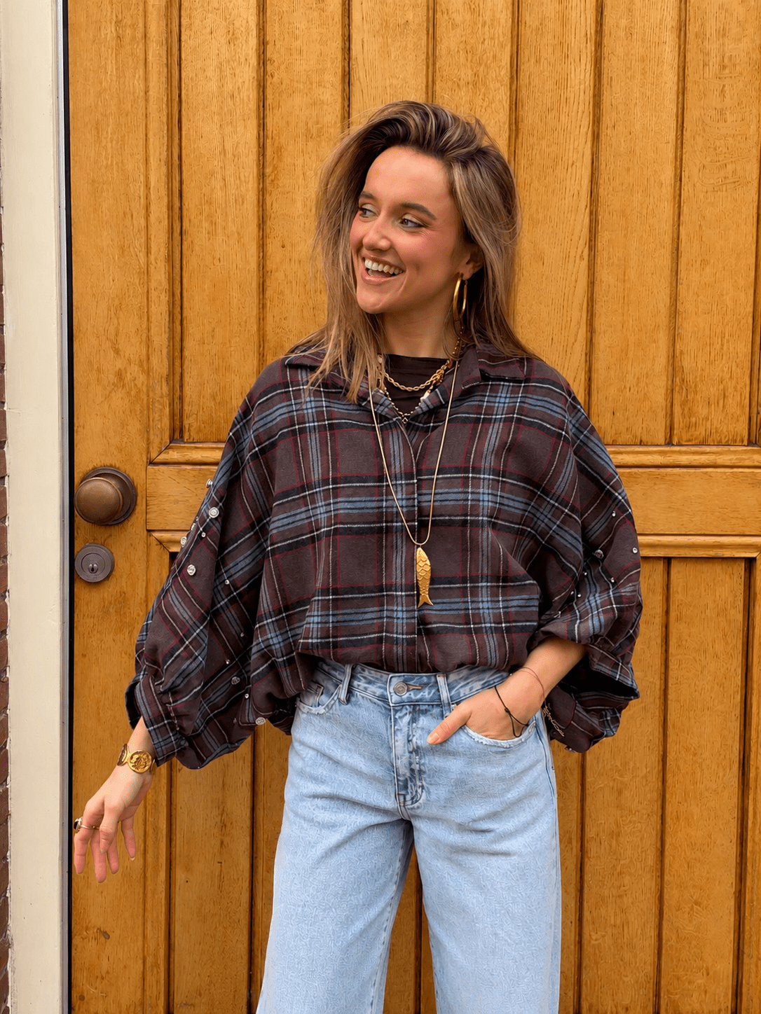 Fenna vleermuis blouse steentjes geruit bruin/blauw - Project 35