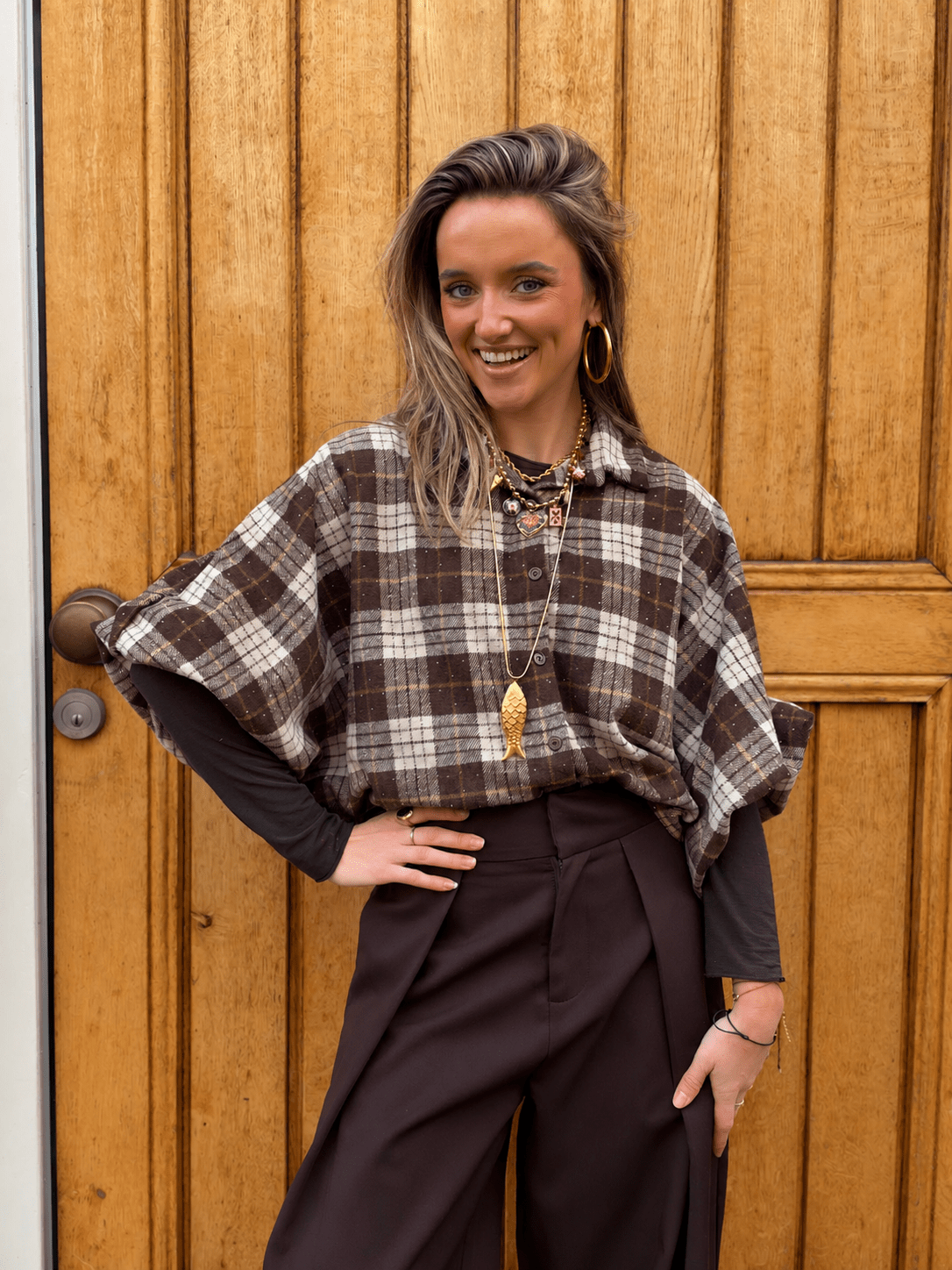 Finn blouse vleermuis stras geruit bruin/beige - Project 35