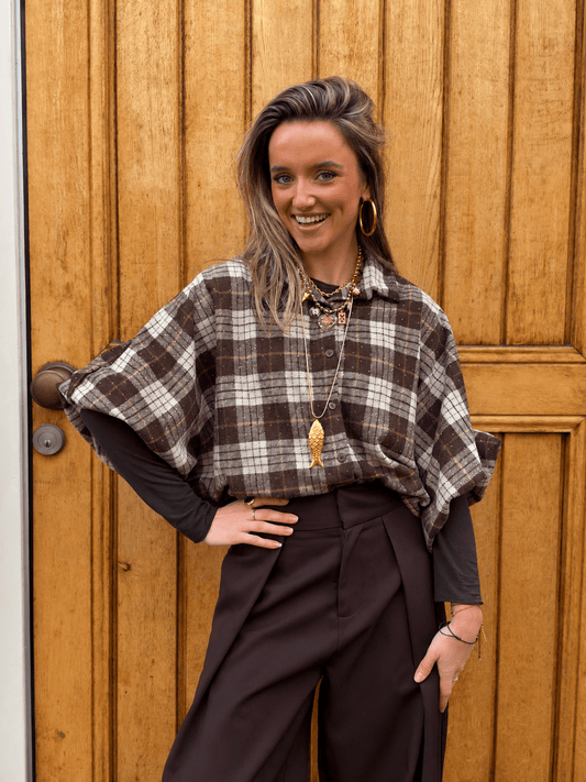 Finn blouse vleermuis stras geruit bruin/beige - Project 35