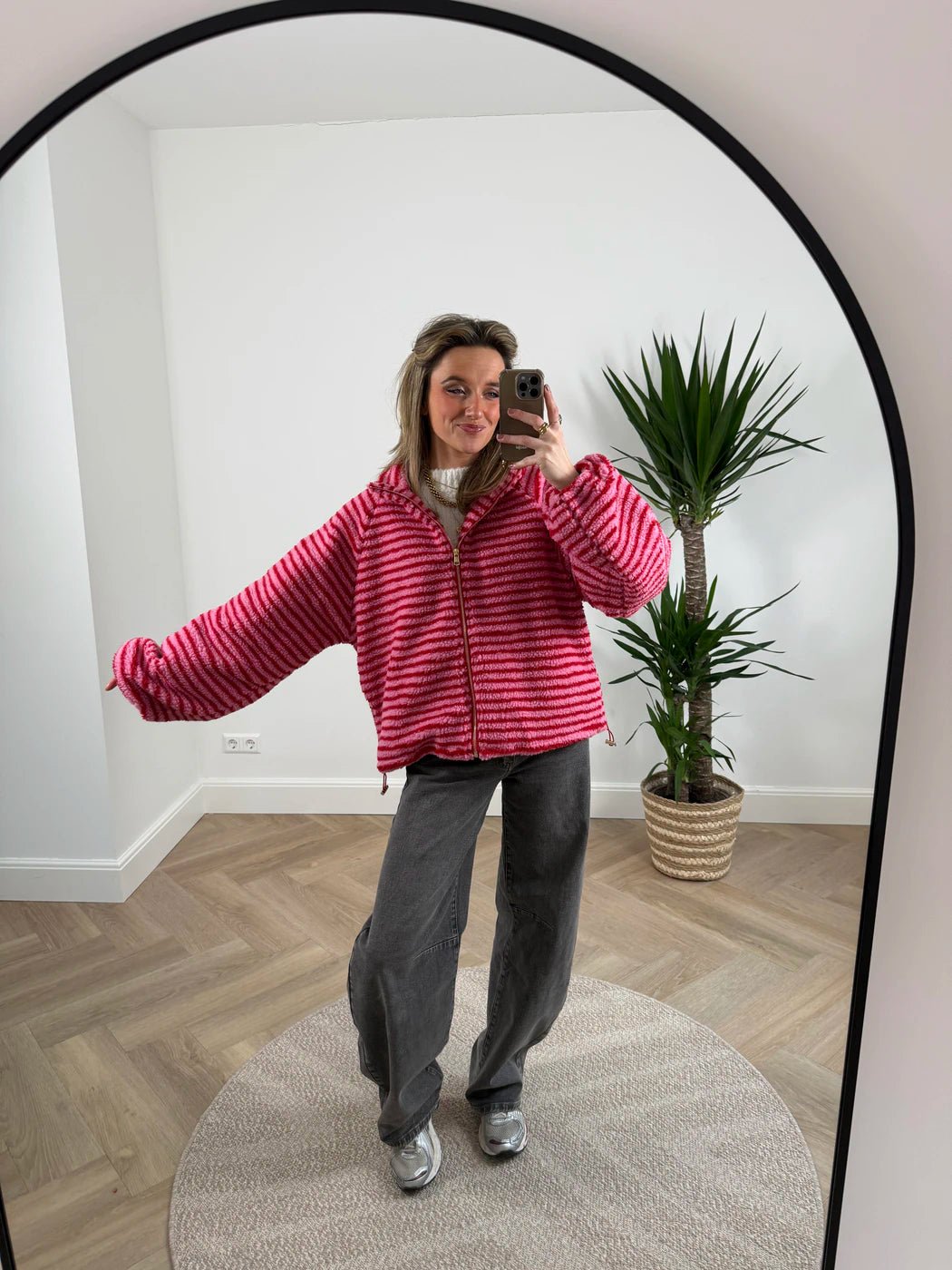 Fleur teddy bomber rood/roze gestreept - Project 35