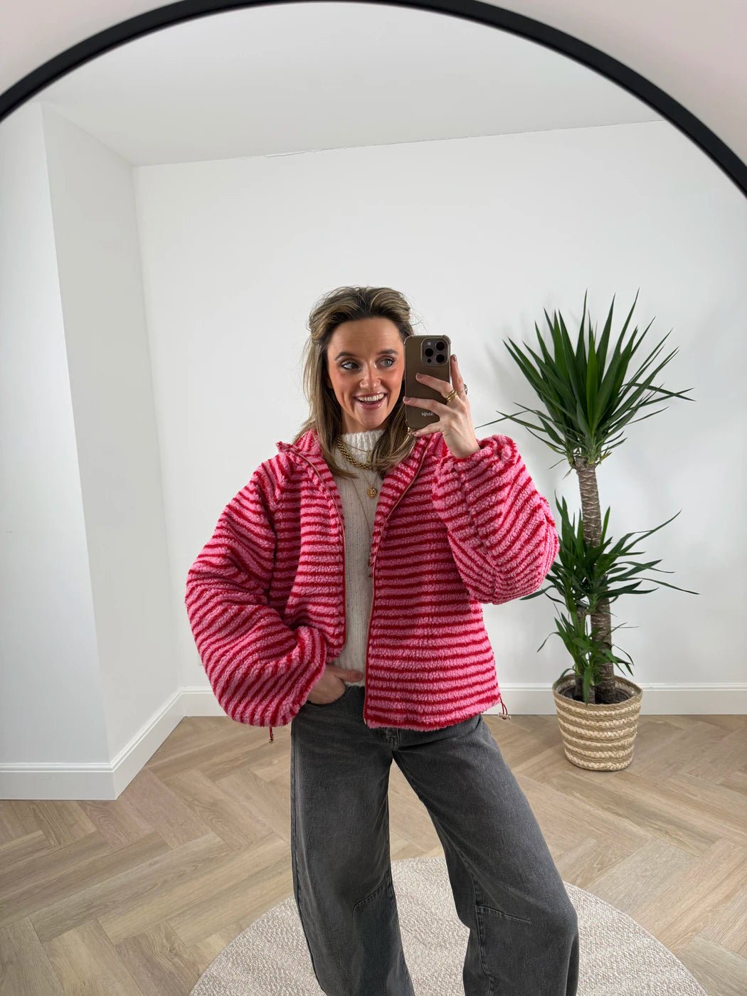 Fleur teddy bomber rood/roze gestreept - Project 35