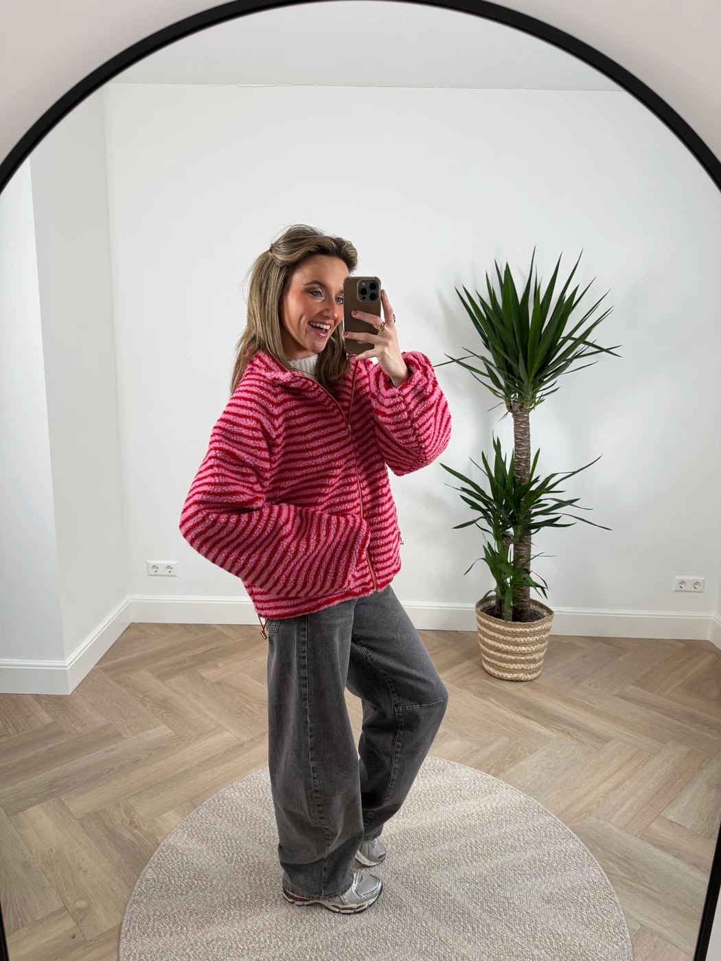 Fleur teddy bomber rood/roze gestreept - Project 35