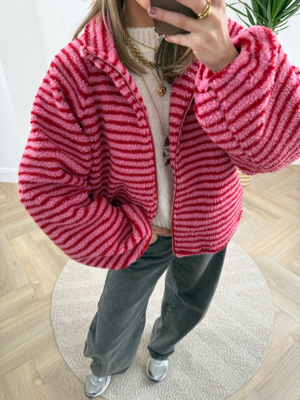 Fleur teddy bomber rood/roze gestreept - Project 35