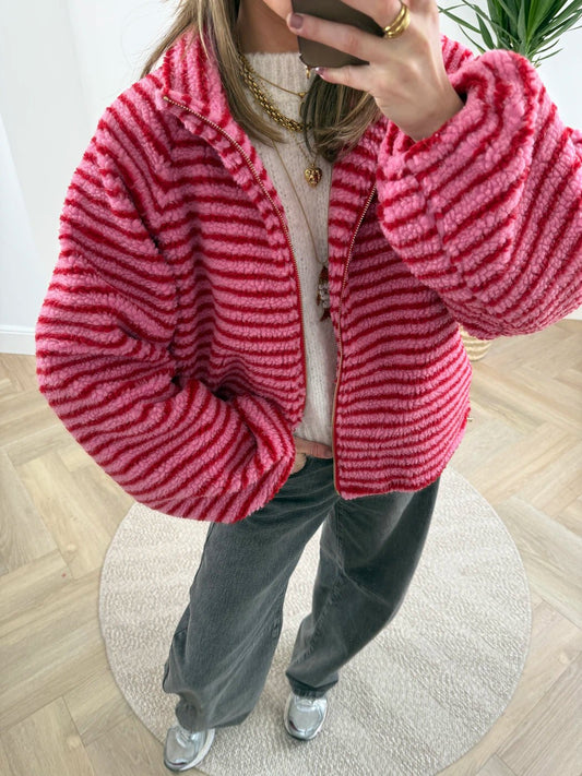 Fleur teddy bomber rood/roze gestreept - Project 35
