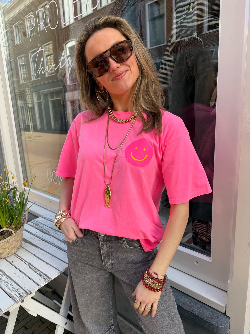 Frankie smiley t-shirt hot pink - Project 35