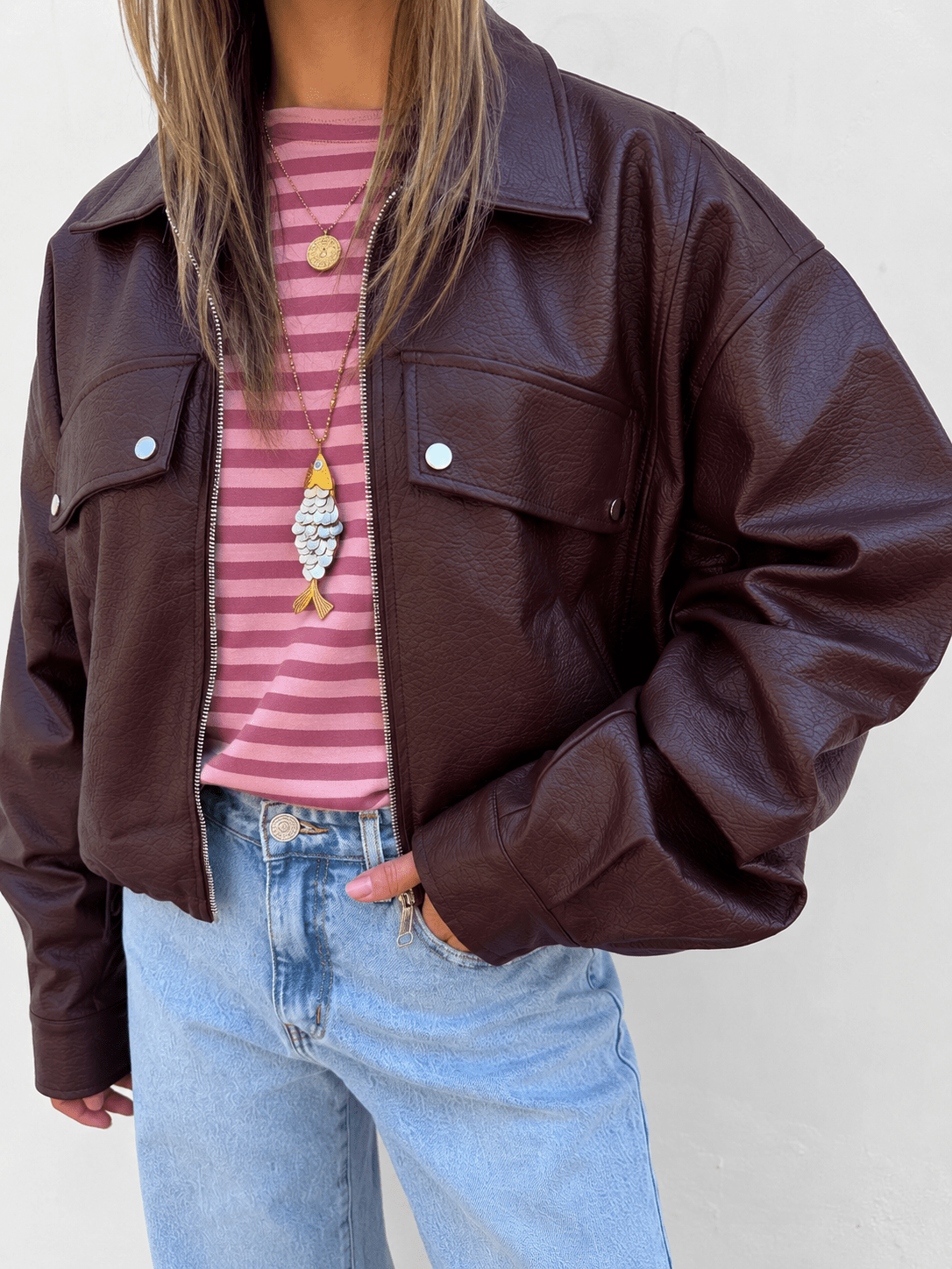 Frenkie oversized leather jacket burgundy - Project 35