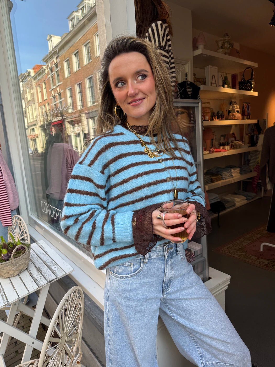 Gigi cardigan blue/brown striped - Project 35