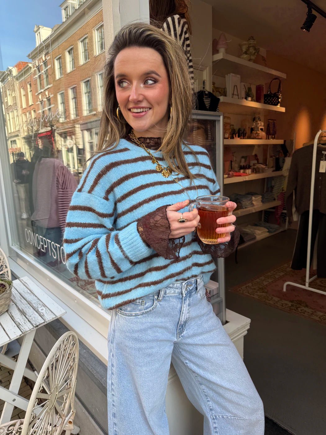 Gigi cardigan blue/brown striped - Project 35