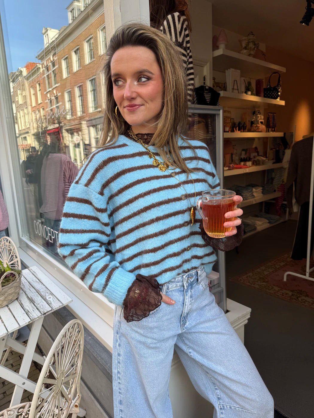 Gigi cardigan blue/brown striped - Project 35