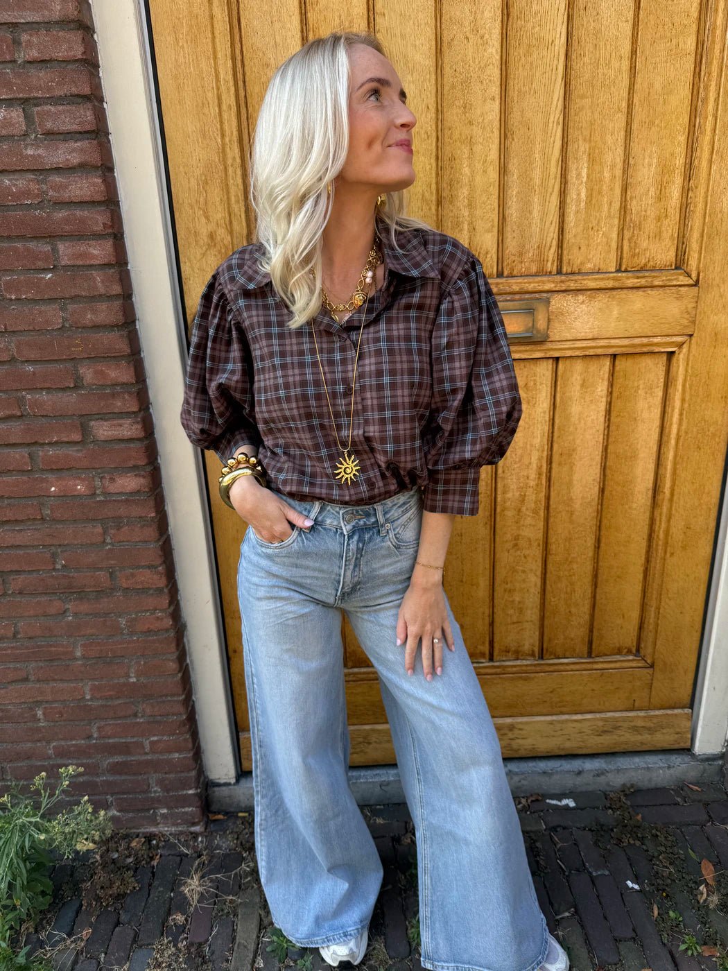 Gijsje blouse geruit bruin/blauw pofmouw - Project 35