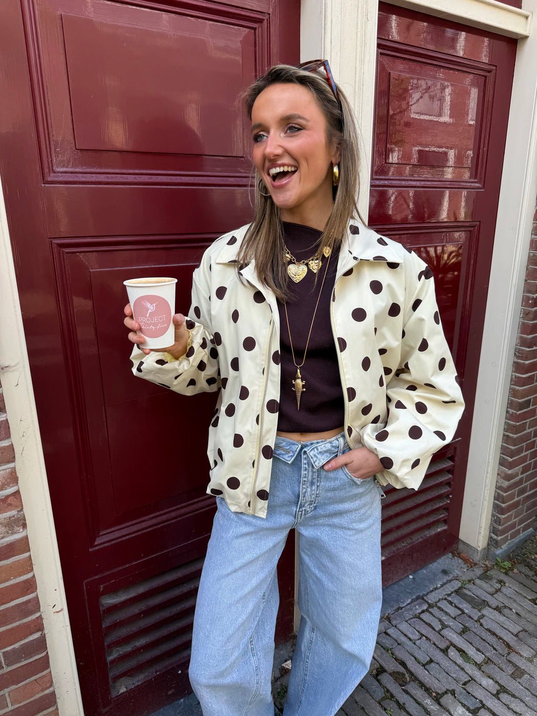 Guus polkadot jasje geel/bruin - Project 35