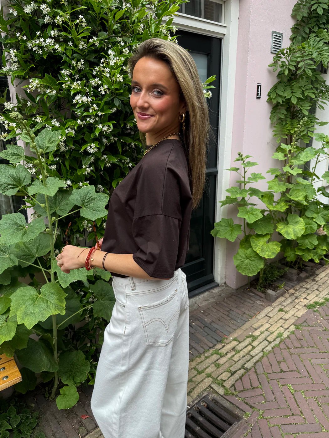 Jackie t-shirt cropped elastiek donkerbruin katoen - Project 35