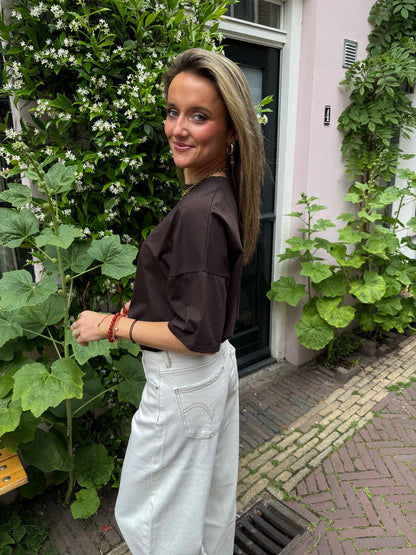 Jackie t-shirt cropped elastiek donkerbruin katoen - Project 35