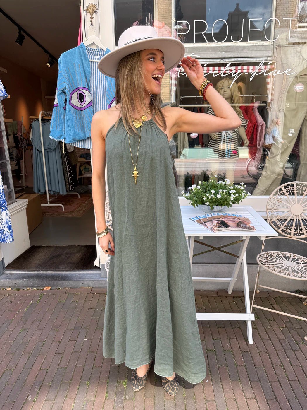 Jane maxi jurk linnen halter groen - Project 35
