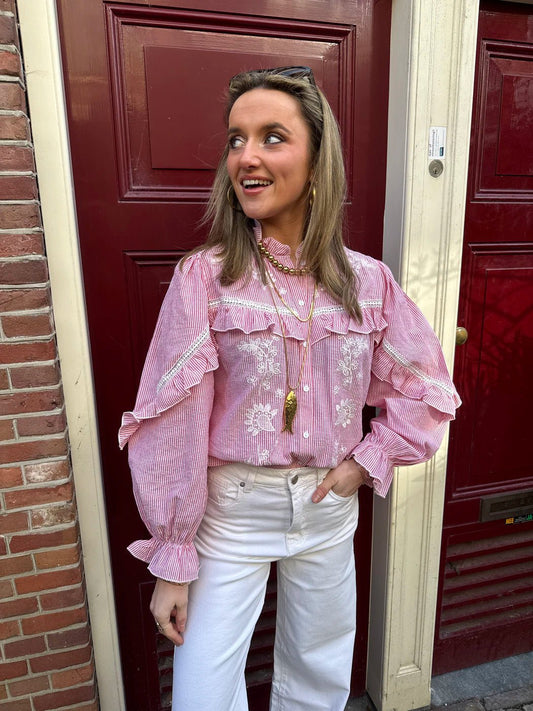 Jules blouse geborduurd rood/wit gestreept - Project 35