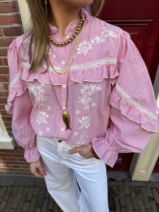 Jules blouse geborduurd rood/wit gestreept - Project 35