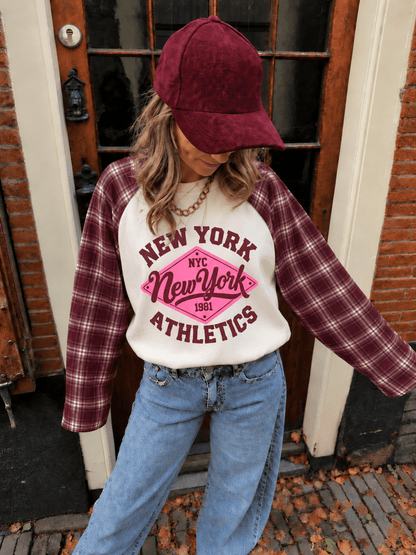 Juno longsleeve geruite mouw burgundy - Project 35