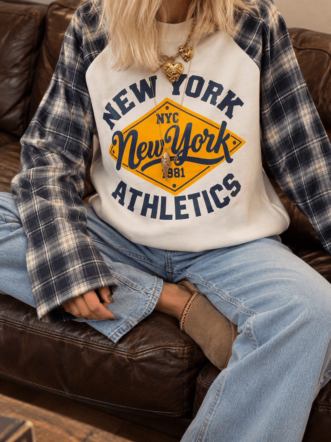 Juno longsleeve geruite mouw navy New York - Project 35
