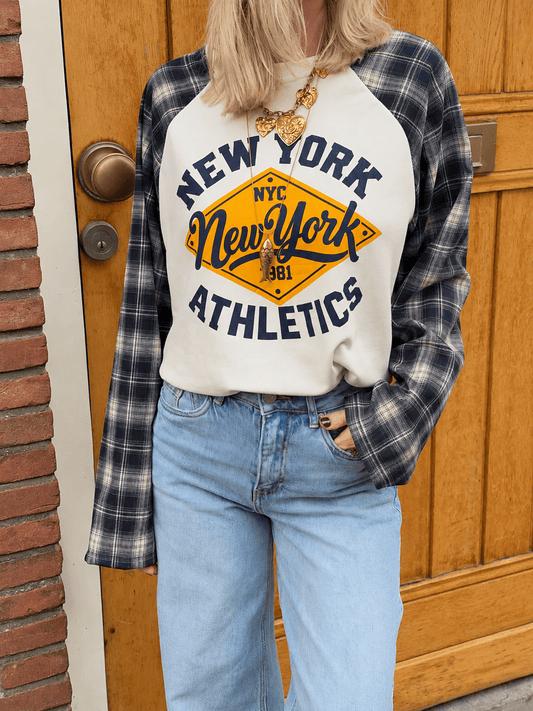 Juno longsleeve geruite mouw navy New York - Project 35
