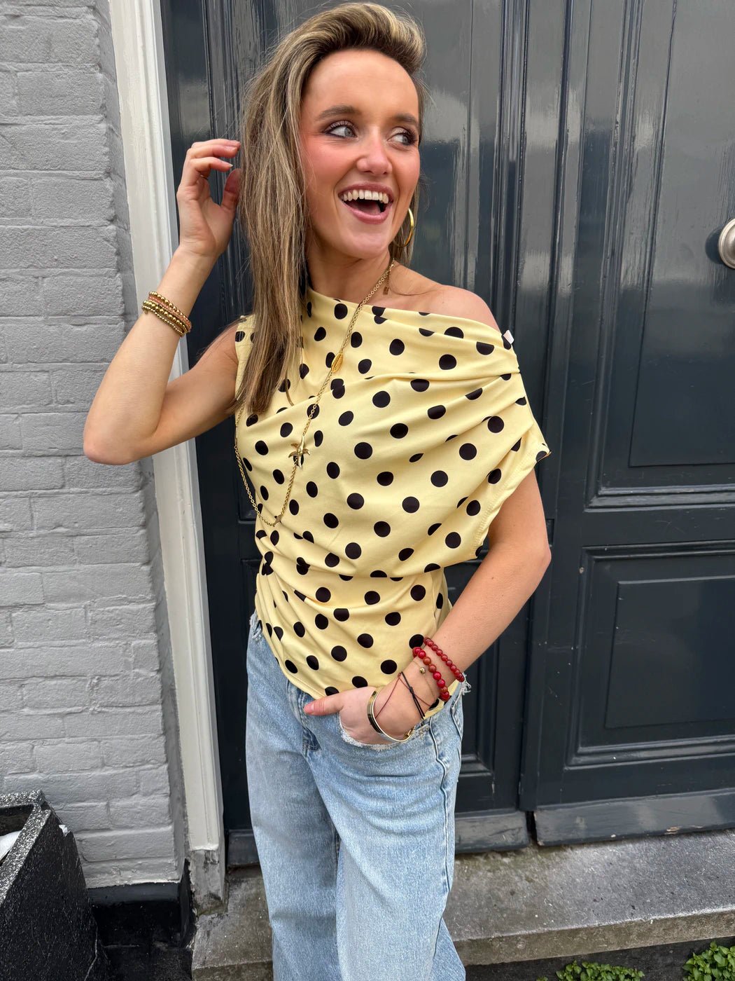 Len polkadot top geel - Project 35