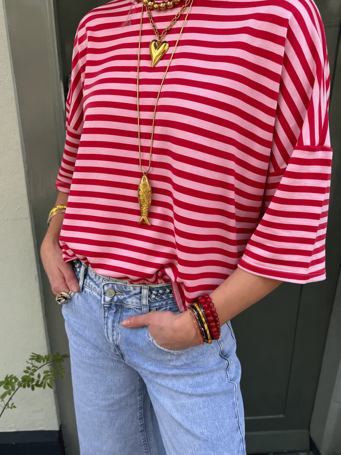 Lena gestreept shirt korte mouw rood/roze - Project 35