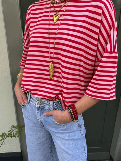 Lena gestreept shirt korte mouw rood/roze - Project 35