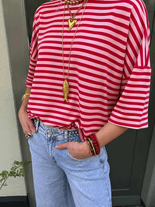 Lena gestreept shirt korte mouw rood/roze - Project 35