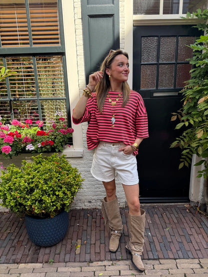 Lena gestreept shirt korte mouw roze/bruin - Project 35