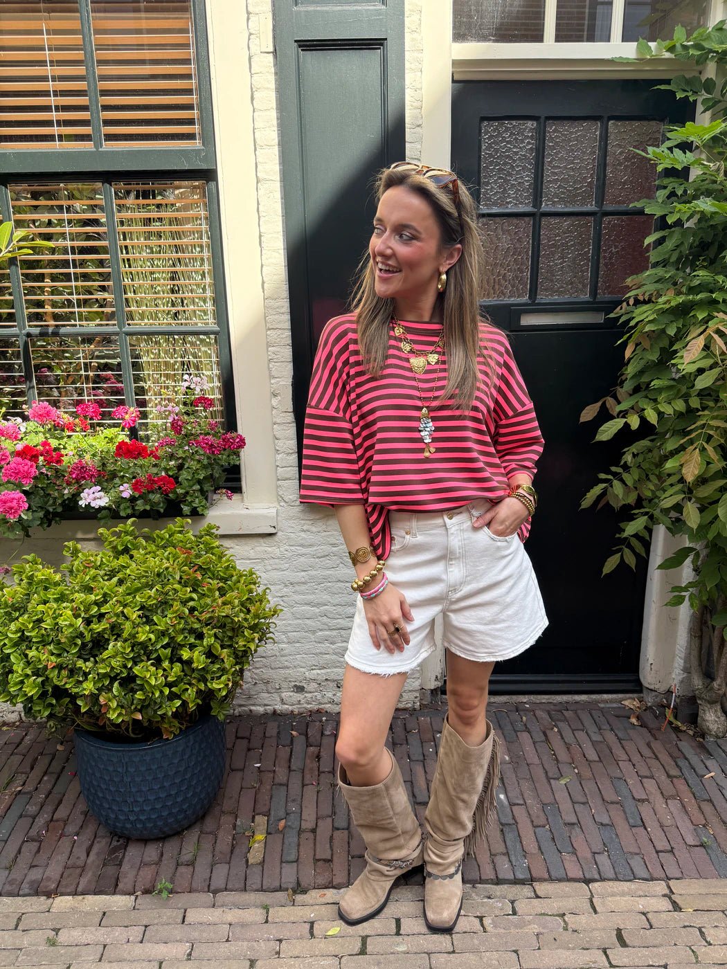 Lena gestreept shirt korte mouw roze/bruin - Project 35