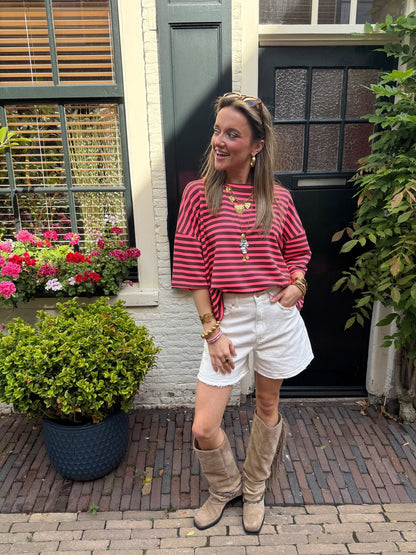 Lena gestreept shirt korte mouw roze/bruin - Project 35