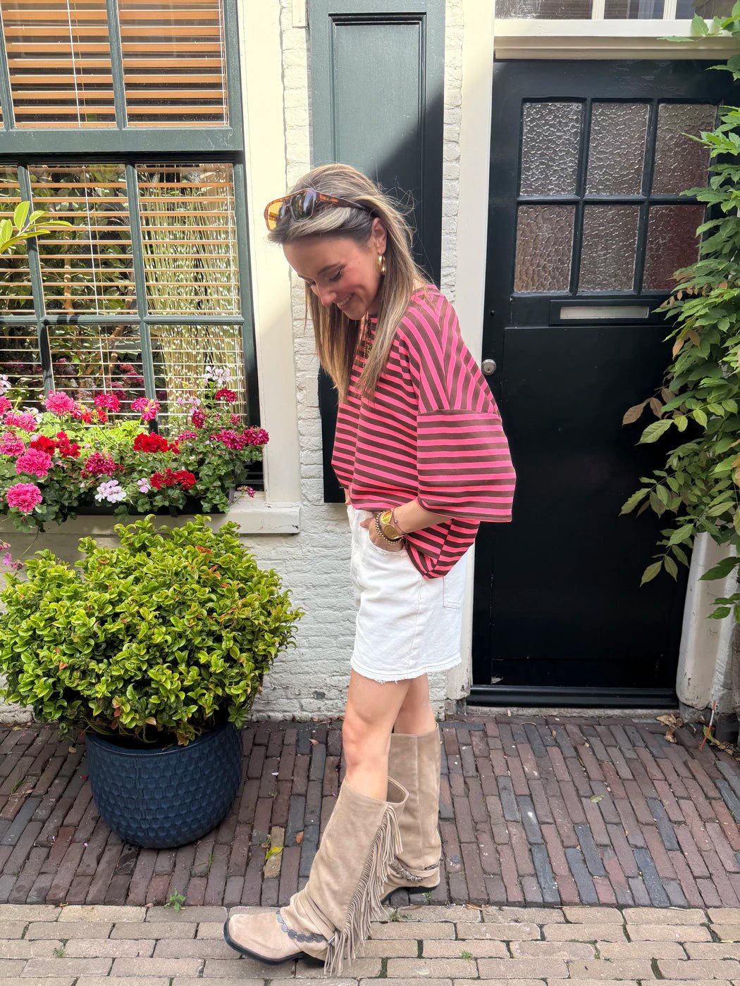 Lena gestreept shirt korte mouw roze/bruin - Project 35