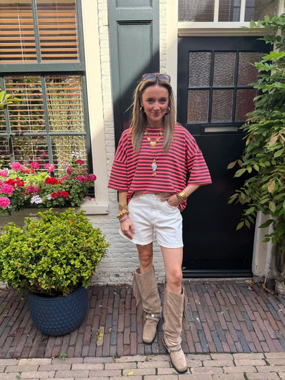 Lena gestreept shirt korte mouw roze/bruin - Project 35