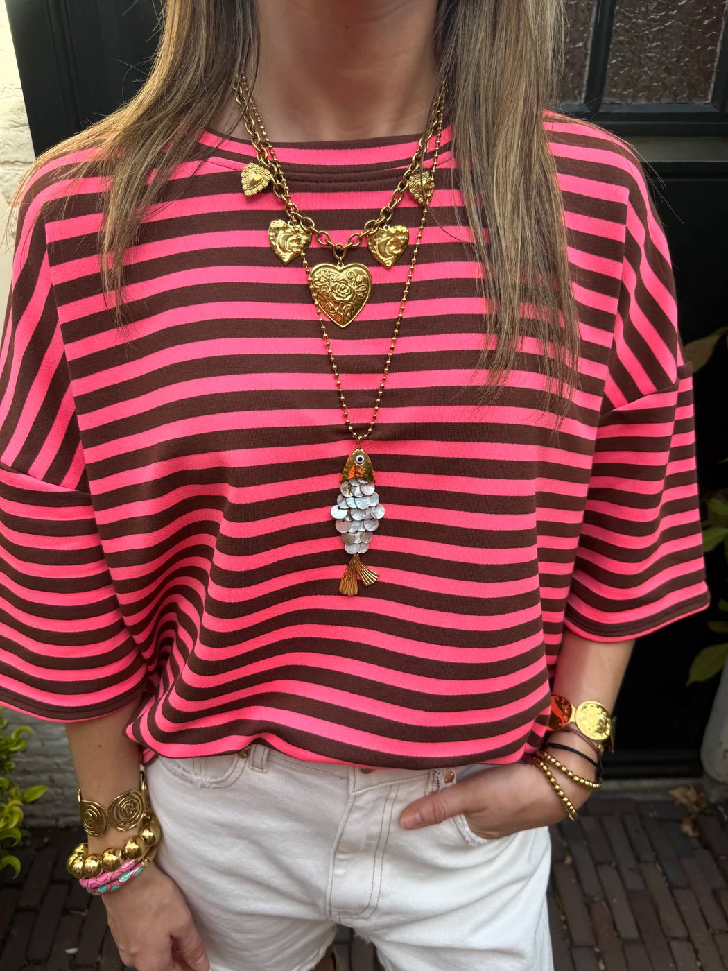 Lena gestreept shirt korte mouw roze/bruin - Project 35