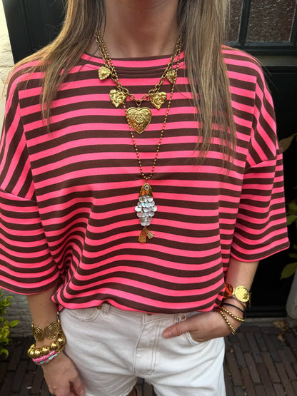 Lena gestreept shirt korte mouw roze/bruin - Project 35