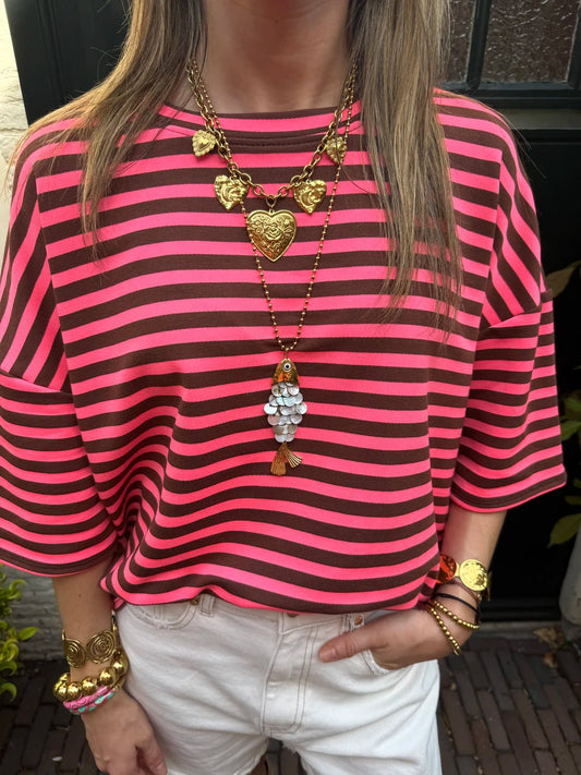 Lena gestreept shirt korte mouw roze/bruin - Project 35