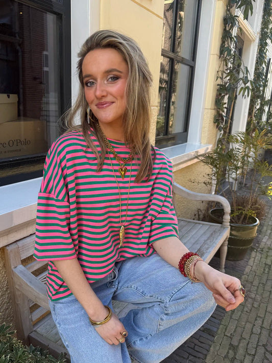 Lena shortsleeve green/pink striped - Project 35