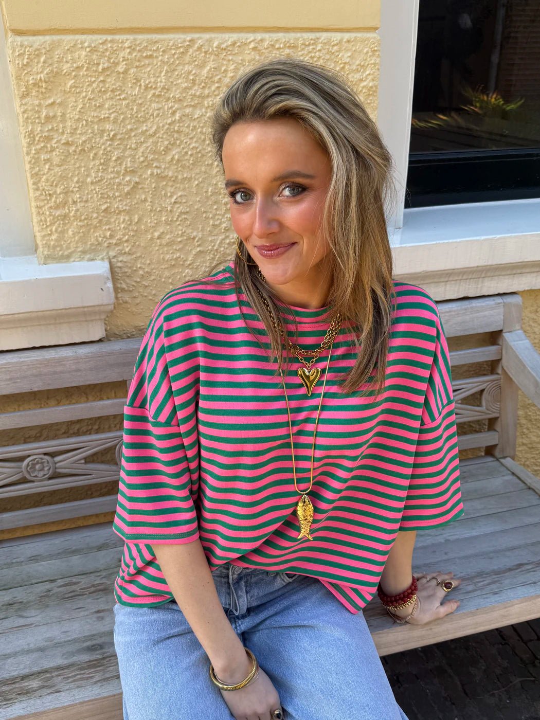 Lena shortsleeve green/pink striped - Project 35