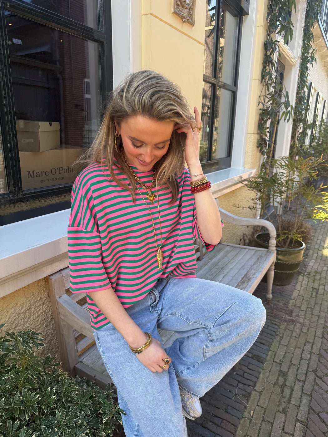 Lena shortsleeve green/pink striped - Project 35