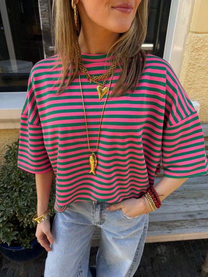 Lena shortsleeve green/pink striped - Project 35
