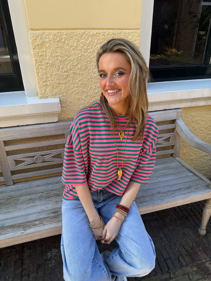 Lena shortsleeve green/pink striped - Project 35