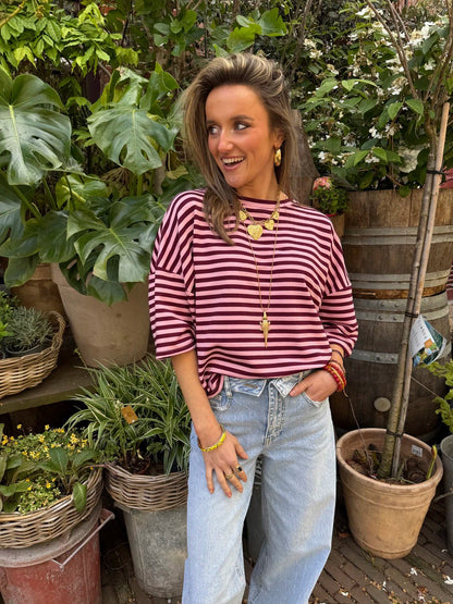 Lena shortsleeve pink/burgundy striped - Project 35