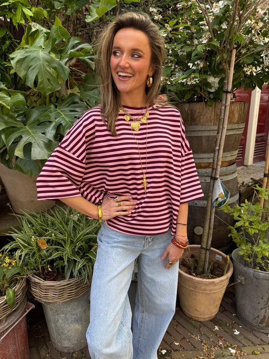 Lena shortsleeve pink/burgundy striped - Project 35
