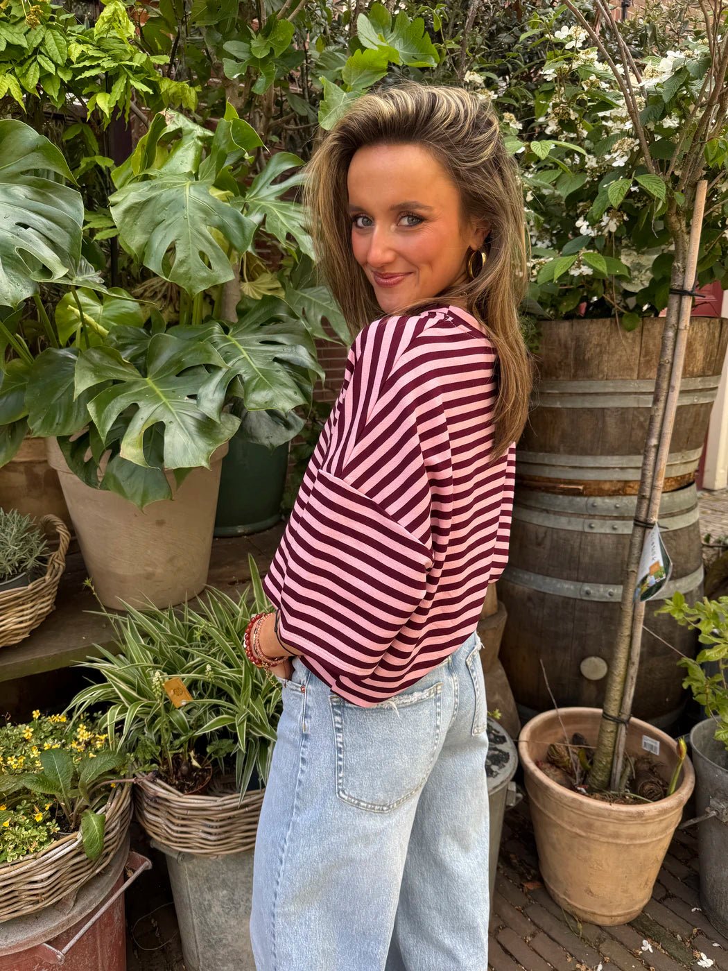 Lena shortsleeve pink/burgundy striped - Project 35