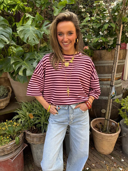 Lena shortsleeve pink/burgundy striped - Project 35