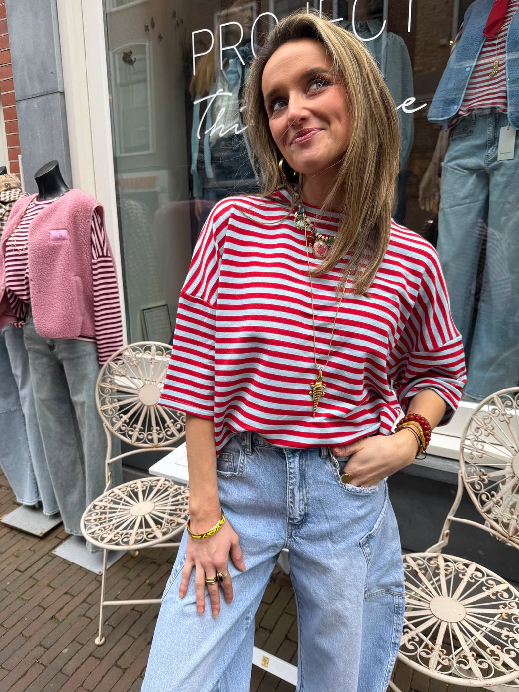 Lena shortsleeve red/blue striped - Project 35