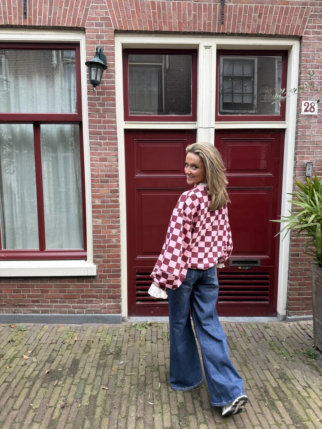 Leo sweater geruit roze/bordeaux - Project 35