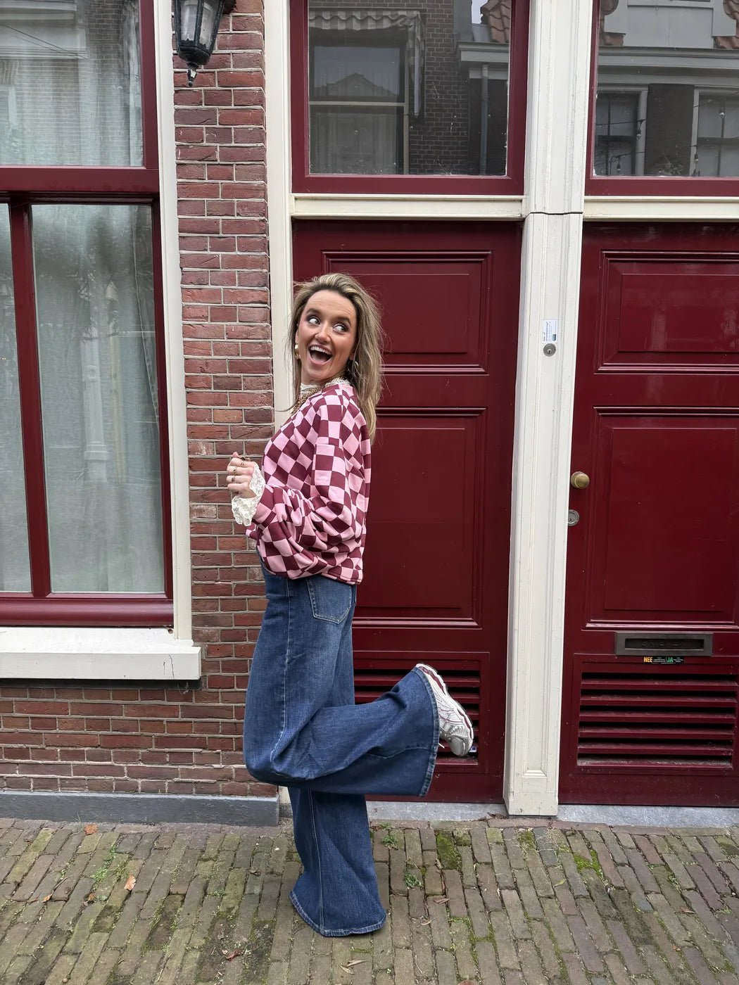 Leo sweater geruit roze/bordeaux - Project 35