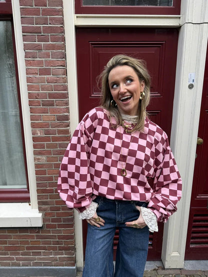 Leo sweater geruit roze/bordeaux - Project 35