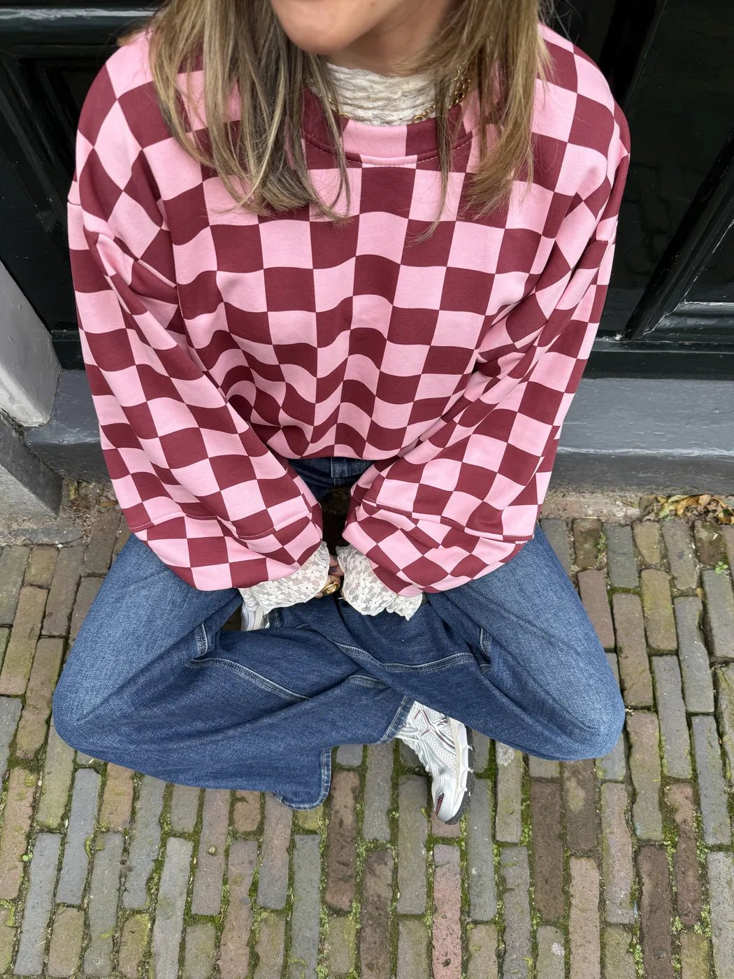 Leo sweater geruit roze/bordeaux - Project 35