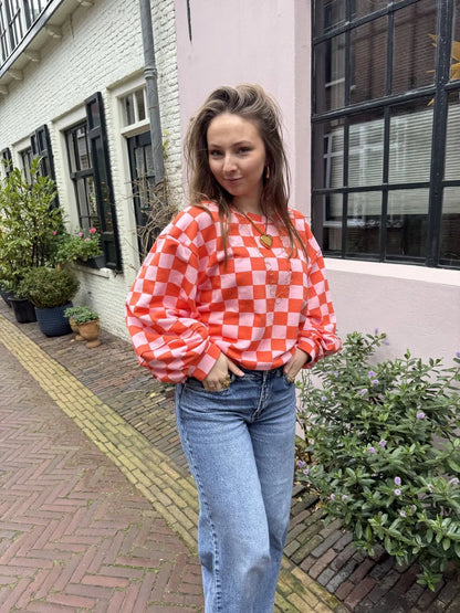 Leo sweater geruit roze/oranje - Project 35